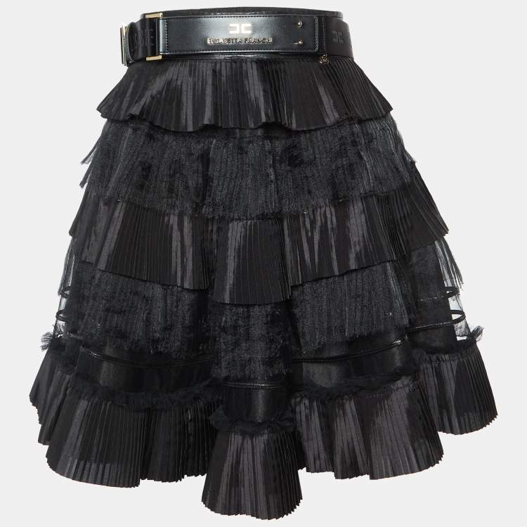 مملوكة مسبقًا Elisabetta Franchi Black Pleated Crepe Belted Mini Skirt M