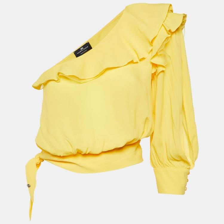 Pre Owned Elisabetta Franchi Yellow Crepe One-Shoulder Ruffled Blouse M