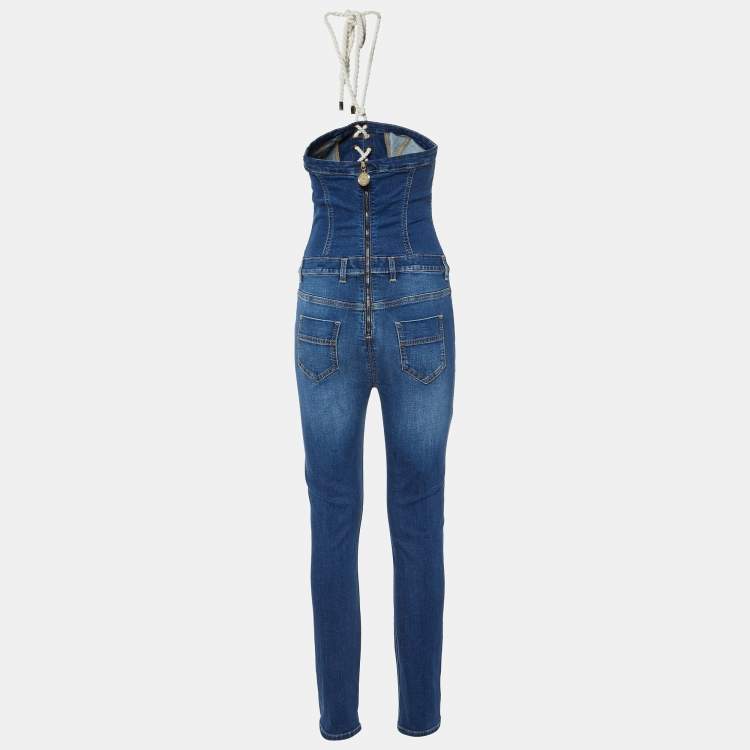 Pre Owned Elisabetta Franchi Blue Denim Lace-Up Detail Off-Shoulder Jumpsuit M