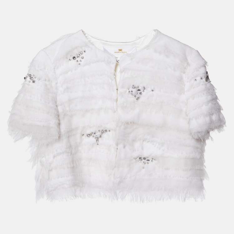 Pre Owned Elisabetta Franchi White Studded Crepe Crop Jacket M