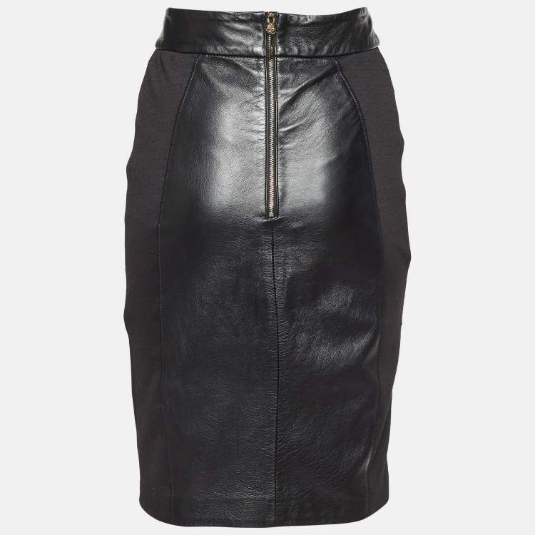 Pre Owned Elisabetta Franchi Gold Black Leather & Jersey Pencil Skirt M