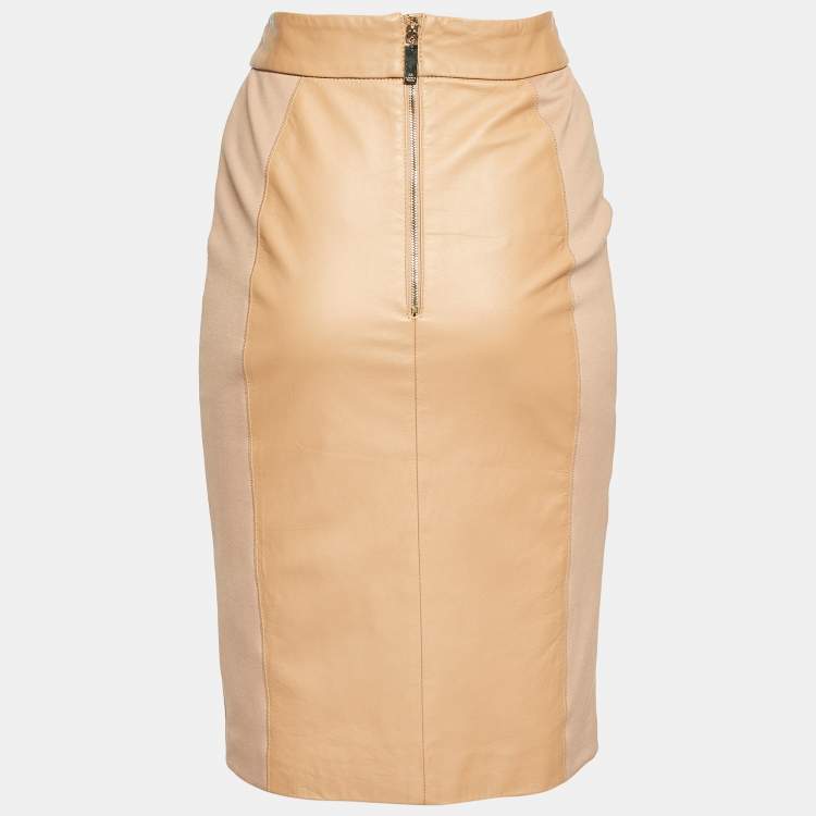 Pre Owned Elisabetta Franchi Gold Beige Leather & Jersey Pencil Skirt L