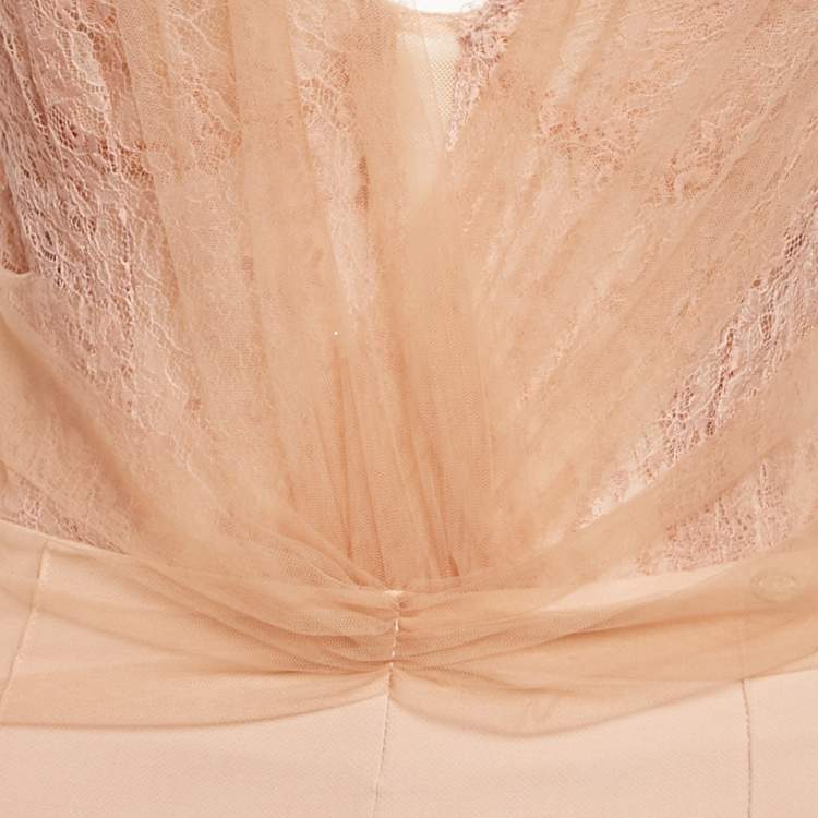 Pre Owned Elisabetta Franchi Beige Lace and Tulle Trim Jersey Bodysuit L