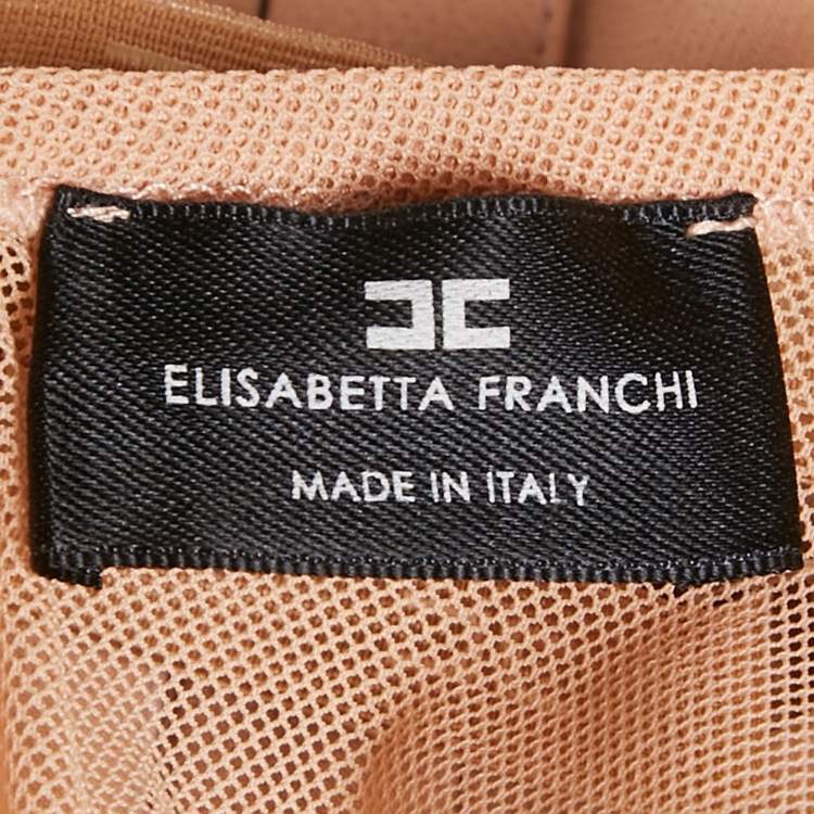 Pre Owned Elisabetta Franchi Beige Lace and Tulle Trim Jersey Bodysuit L
