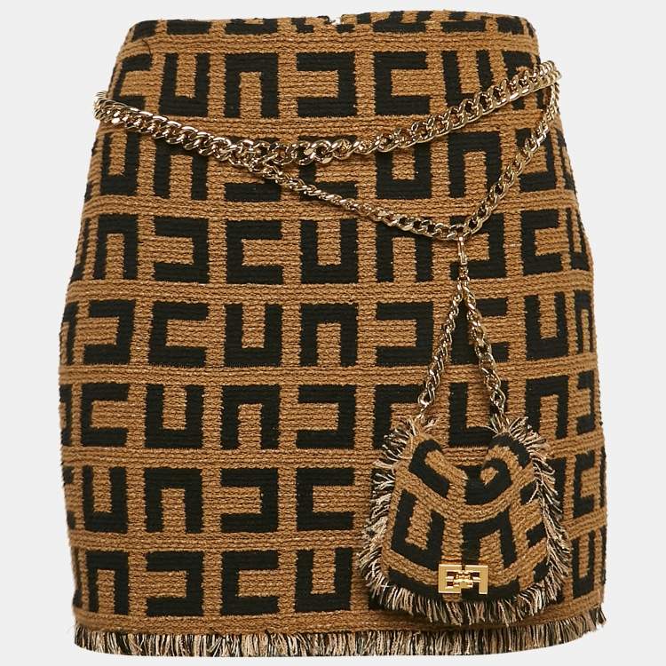 Pre Owned Elisabetta Franchi Brown Monogram Jacquard Tweed Belt Detail Mini Skirt M