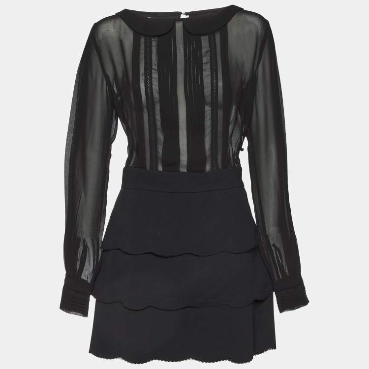 Pre Owned Elisabetta Franchi Black Crepe & Chiffon Tiered Long Sleeve Dress M