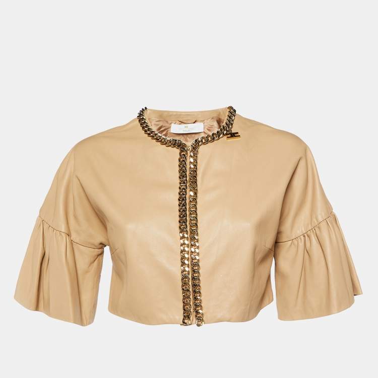 Pre Owned Elisabetta Franchi Beige Leather Chain Detail Bolero Jacket L