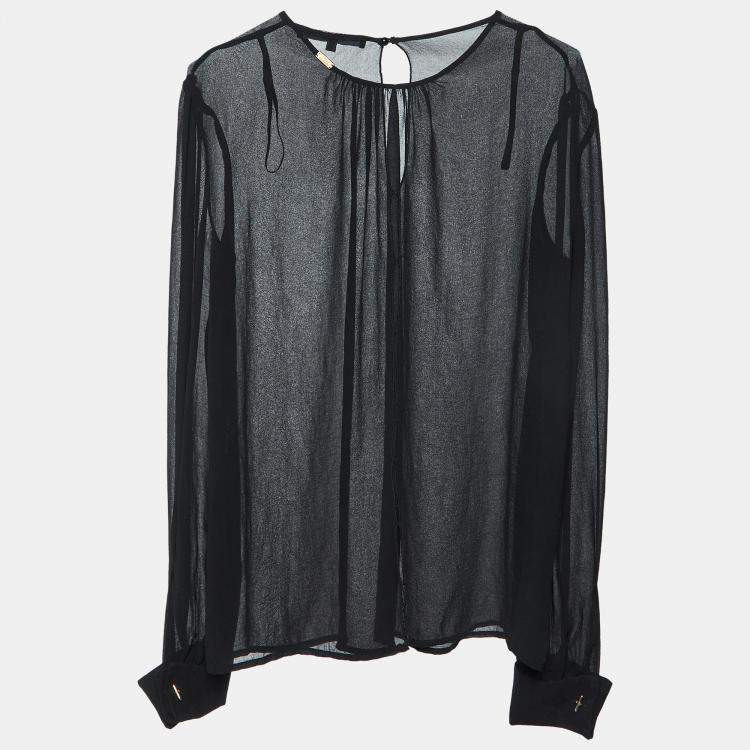 Pre Owned Elisabetta Franchi Black Chiffon Back Slit Detail Sheer Blouse L