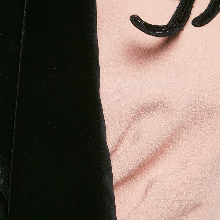 Pre Owned Elisabetta Franchi Pink/Black Sequin Bird Applique Crepe and Velvet Draped Midi Dress S
