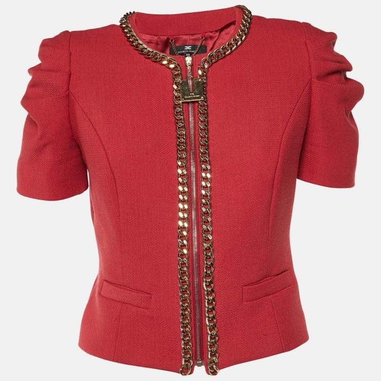 Pre Owned Elisabetta Franchi Rouge Pink Crepe Chain Detail Zip Up jacket L