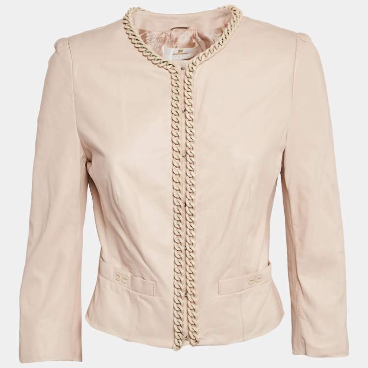 Pre Owned Elisabetta Franchi Gold Pink Chain Embellished Leather Jacket L