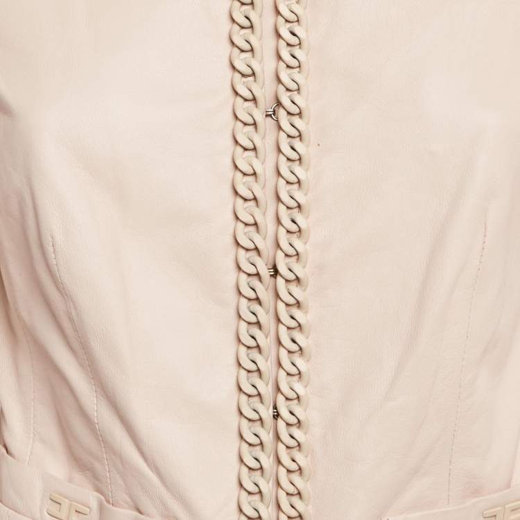 Pre Owned Elisabetta Franchi Gold Pink Chain Embellished Leather Jacket L