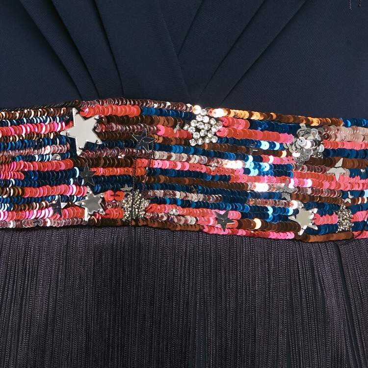 Pre Owned Elisabetta Franchi Navy Blue Sequin Embellishment Jersey Fringed Mini Dress M