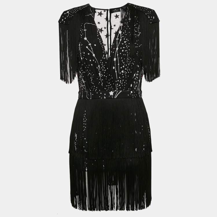 Pre Owned Elisabetta Franchi Black Star Print Crepe Fringed Mini Dress M