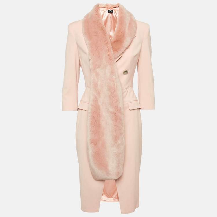 Pre Owned Elisabetta Franchi Light Orange Detachable Fur Double Breasted Long Coat S