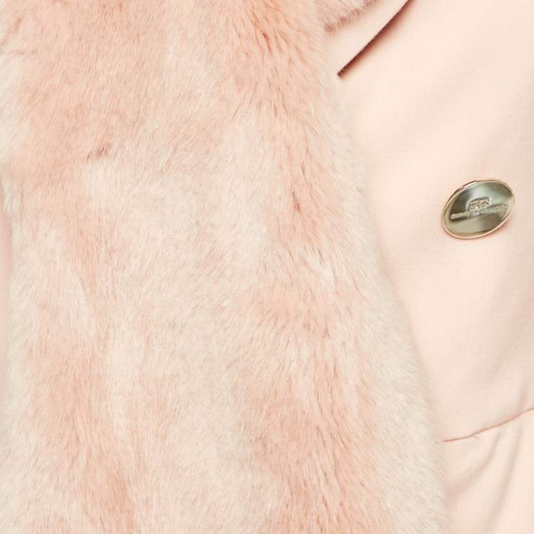 Pre Owned Elisabetta Franchi Light Orange Detachable Fur Double Breasted Long Coat S