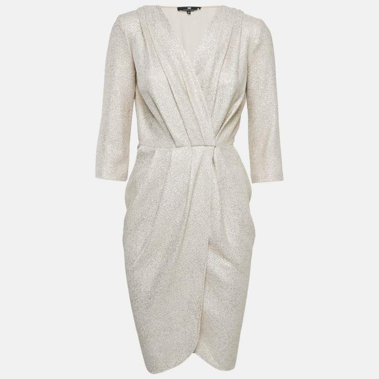 Pre Owned Elisabetta Franchi Metallic/Cream Foil Print Textured Crepe Wrap Dress S