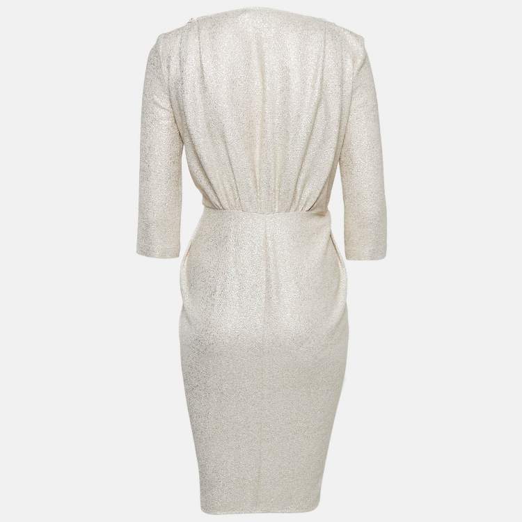 Pre Owned Elisabetta Franchi Metallic/Cream Foil Print Textured Crepe Wrap Dress S
