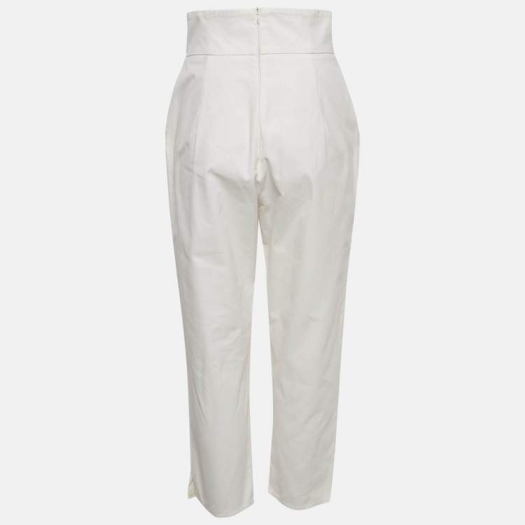 Pre Owned Elisabetta Franchi White Cotton Gabardine Rope Detail Trousers M