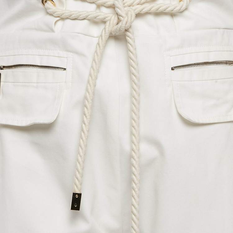 Pre Owned Elisabetta Franchi White Cotton Gabardine Rope Detail Trousers M