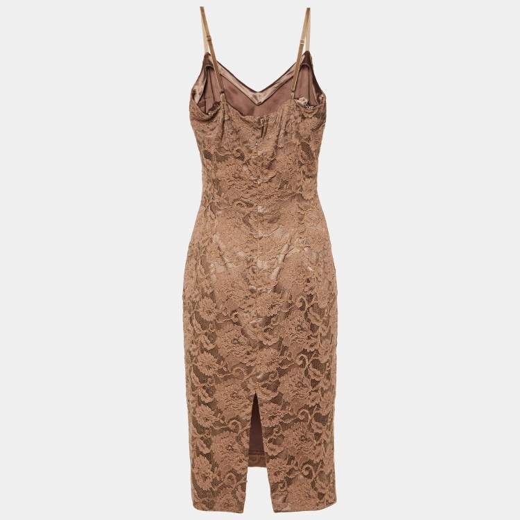 Pre Owned Elisabetta Franchi Taupe Lace Sleeveless Fitted Dress XL