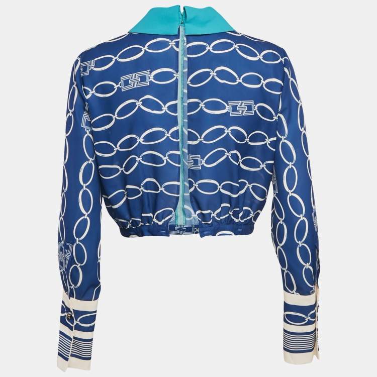 Pre Owned Elisabetta Franchi Blue Chain Print Crepe Blouse M