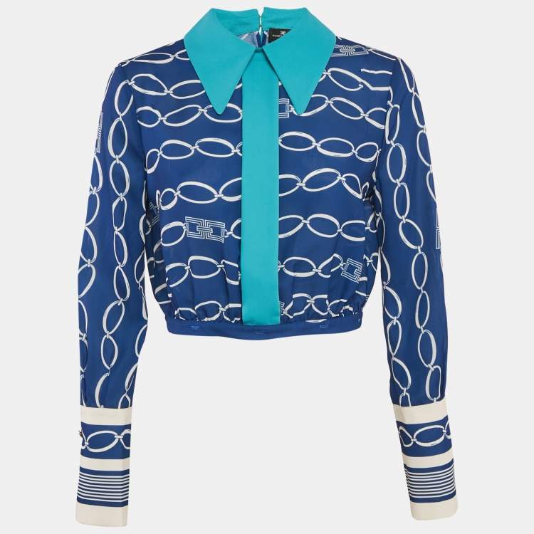 Pre Owned Elisabetta Franchi Blue Chain Print Crepe Blouse M