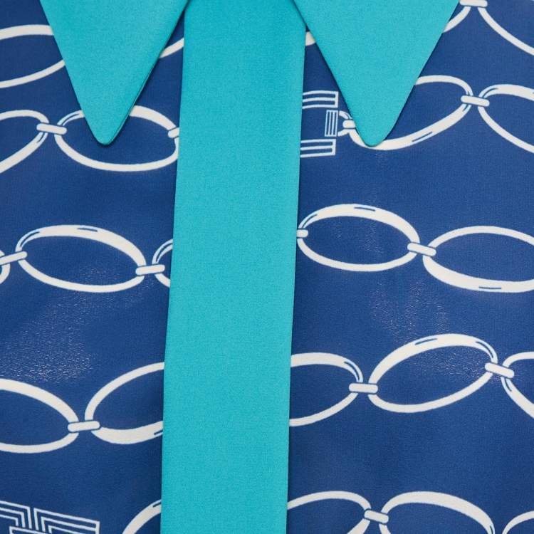 Pre Owned Elisabetta Franchi Blue Chain Print Crepe Blouse M