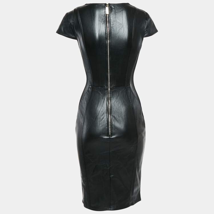 Pre Owned Elisabetta Franchi Black Faux Leather Cap Sleeve Mesh Trimmed Short Dress S