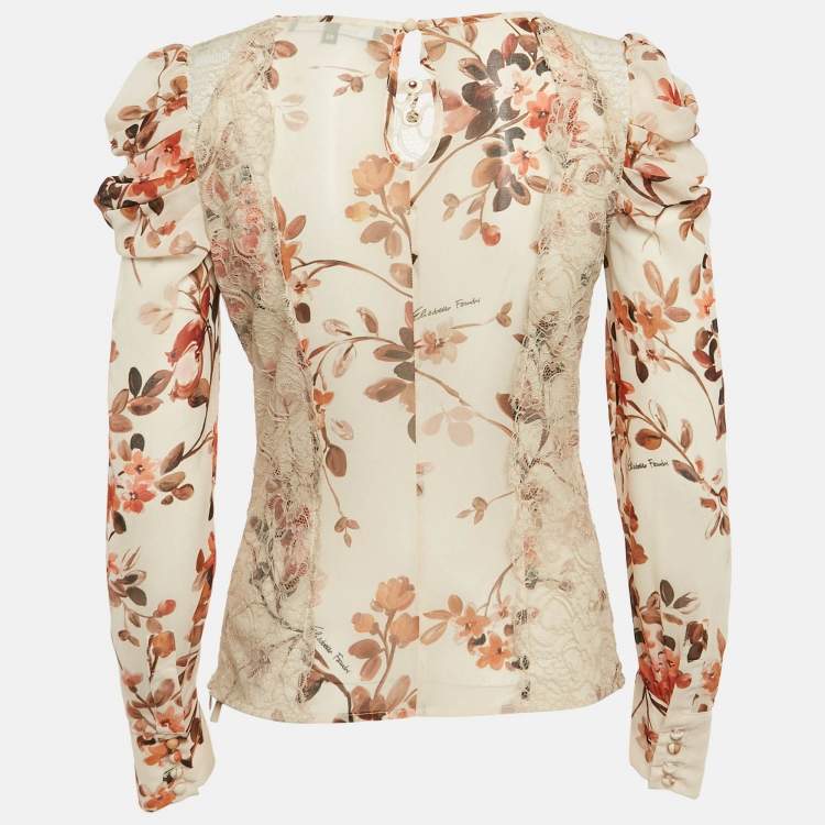 Pre Owned Elisabetta Franchi Beige Floral Print Lace Trim Crepe Blouse S