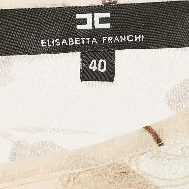 Pre Owned Elisabetta Franchi Beige Floral Print Lace Trim Crepe Blouse S