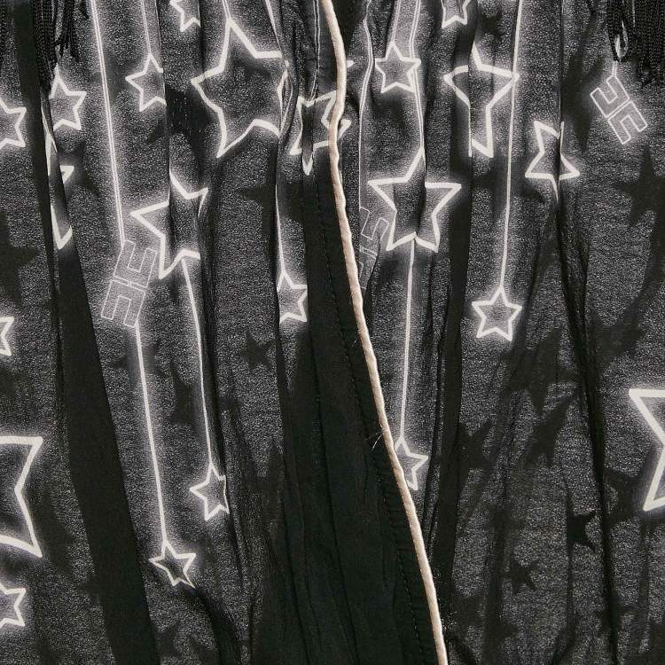 Pre Owned Elisabetta Franchi Black Star Print Crepe and Tulle Fringed Bodysuit S