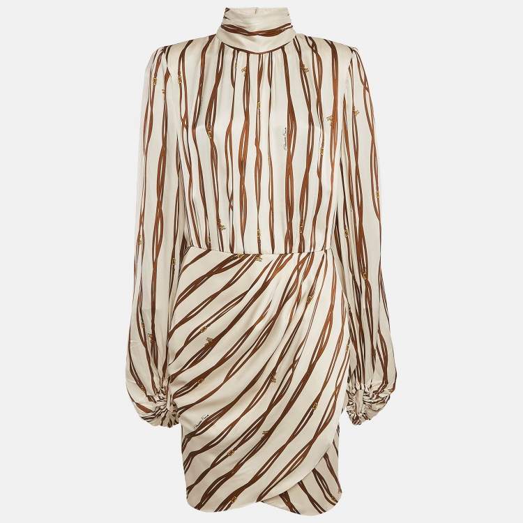 Pre Owned Elisabetta Franchi Beige Belt Print Silk Draped Short Dress L