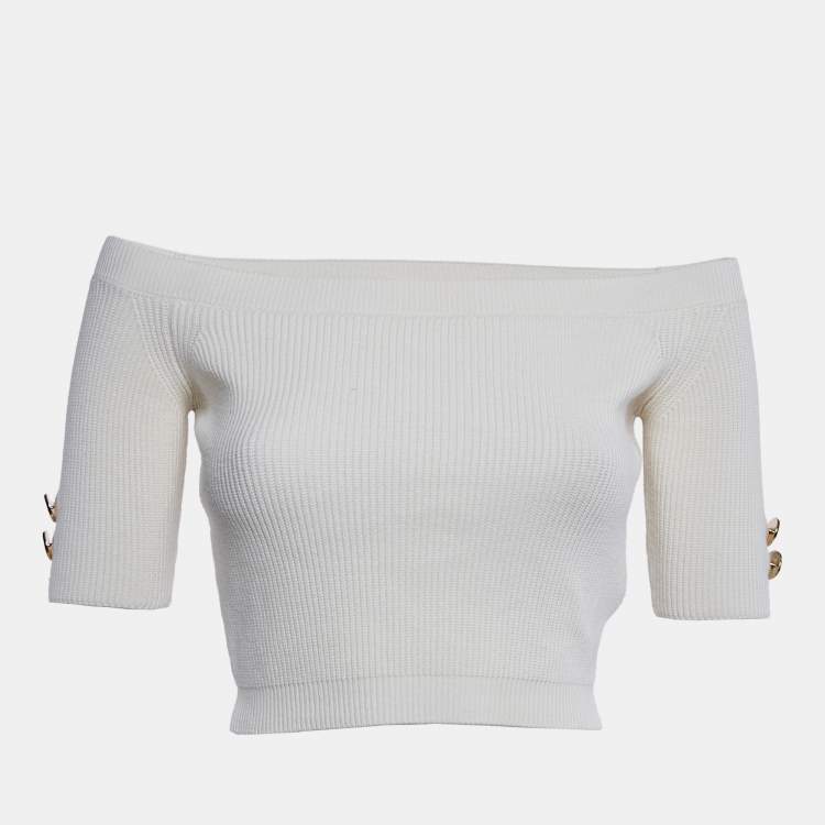 Pre Owned Elisabetta Franchi Cream Rib Knit Tricot Top M