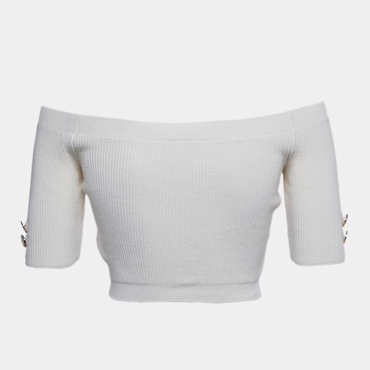 Pre Owned Elisabetta Franchi Cream Rib Knit Tricot Top M