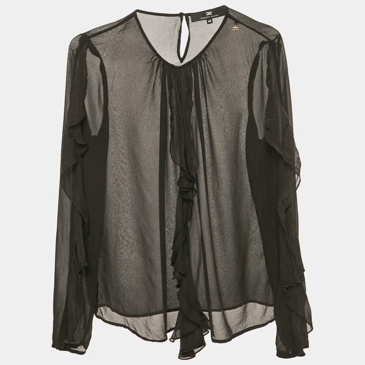Pre Owned Elisabetta Franchi Black Crepe Ruffled Full Sleeve Top M