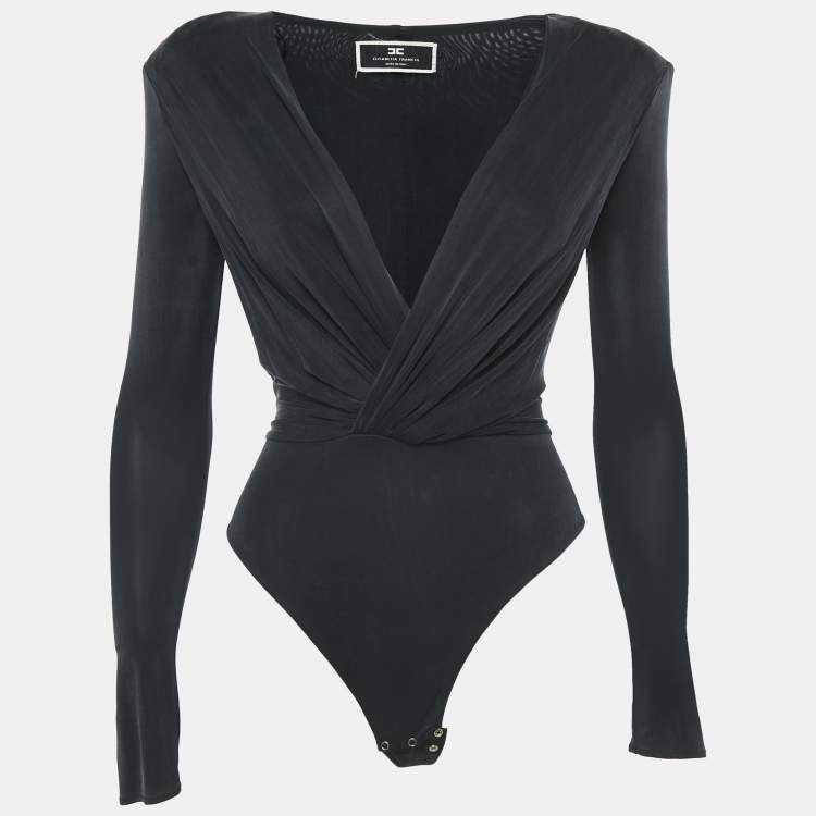 Pre Owned Elisabetta Franchi Black Faded Jersey Plunging Neck Bodysuit S
