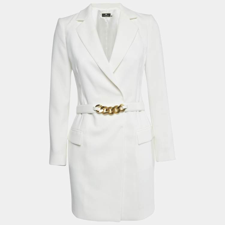 Pre Owned Elisabetta Franchi White Crepe Double Breasted Belt Detail Blazer S