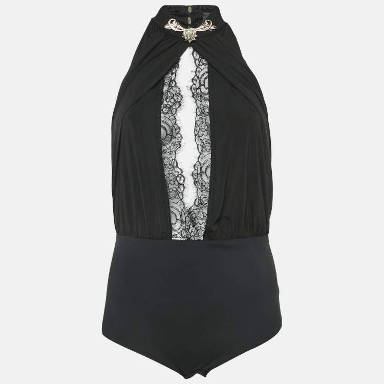 Pre Owned Elisabetta Franchi Black Embellished Jersey and Lace Halter Neck Bodysuit M