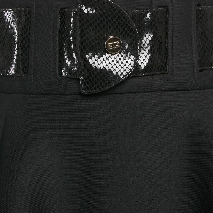 Pre Owned Elisabetta Franchi Black Faux Leather Belted Neoprene Flared Mini Skirt M