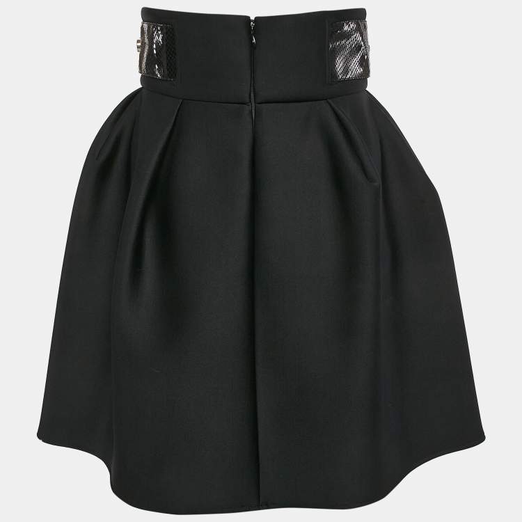 Pre Owned Elisabetta Franchi Black Faux Leather Belted Neoprene Flared Mini Skirt M