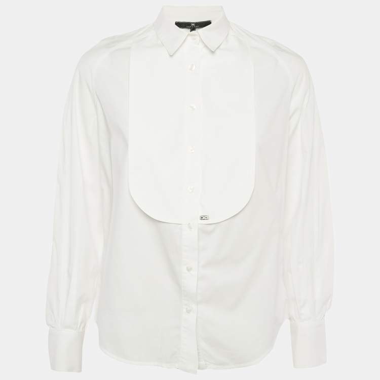Pre Owned Elisabetta Franchi White Cotton Button Front Tuxedo Shirt S