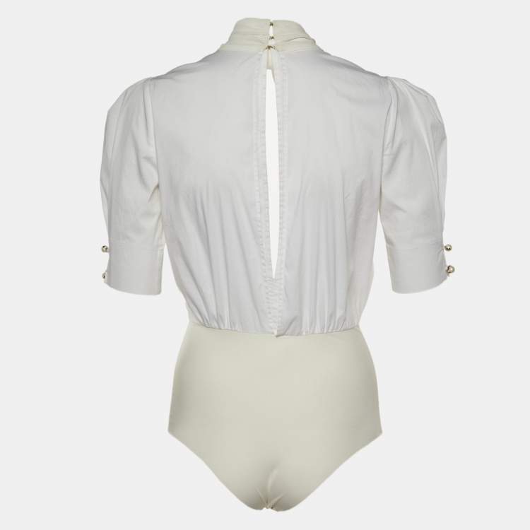 Pre Owned Elisabetta Franchi White Cotton Bow Detail Bodysuit M