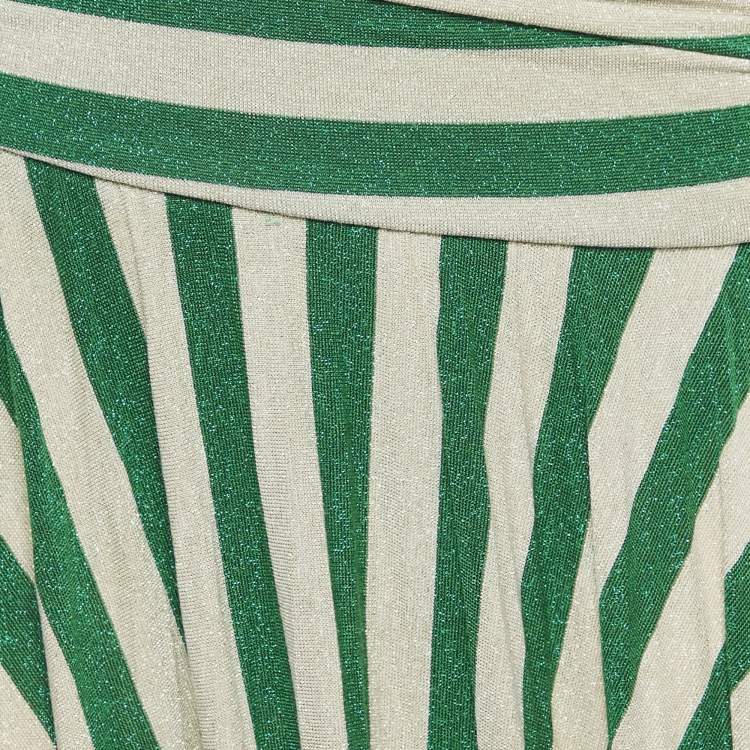 Pre Owned Elisabetta Franchi Green/Cream Striped Lurex Knit Cut-Out Detail Gown M