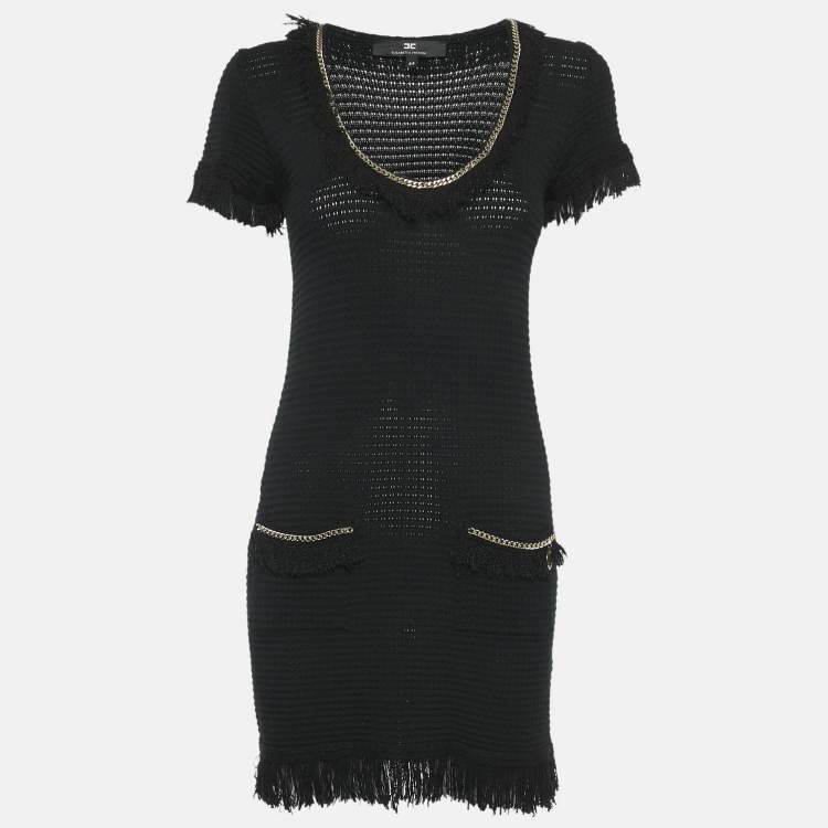 Pre Owned Elisabetta Franchi Black Cotton Blend Knit Fringed Mini Dress M