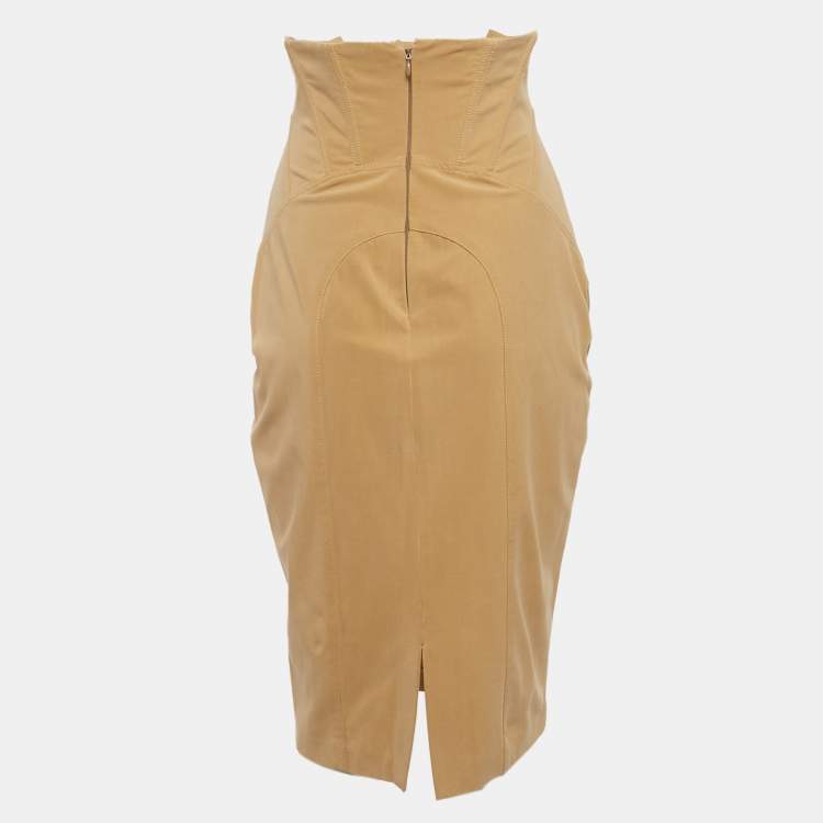 Pre Owned Elisabetta Franchi Light Brown Button Detail Strapless Mini Dress M