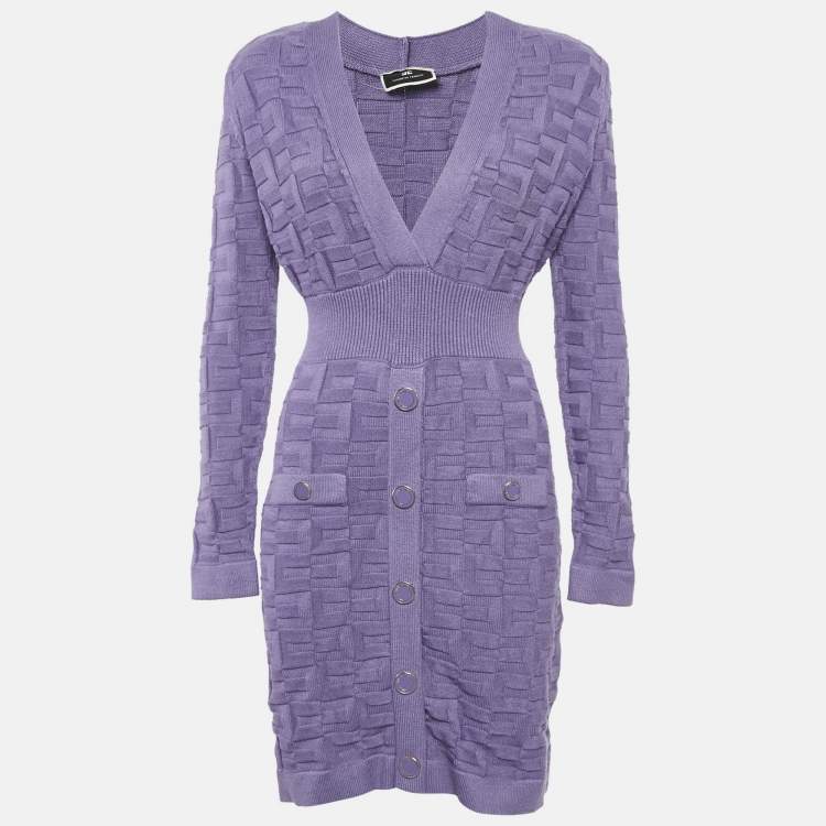 Pre Owned Elisabetta Franchi Purple Knit Patterned V-Neck Mini Dress M