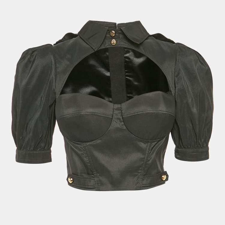 Pre Owned Elisabetta Franchi Black Cut-Out Sweetheart Neck Detail Blouse M