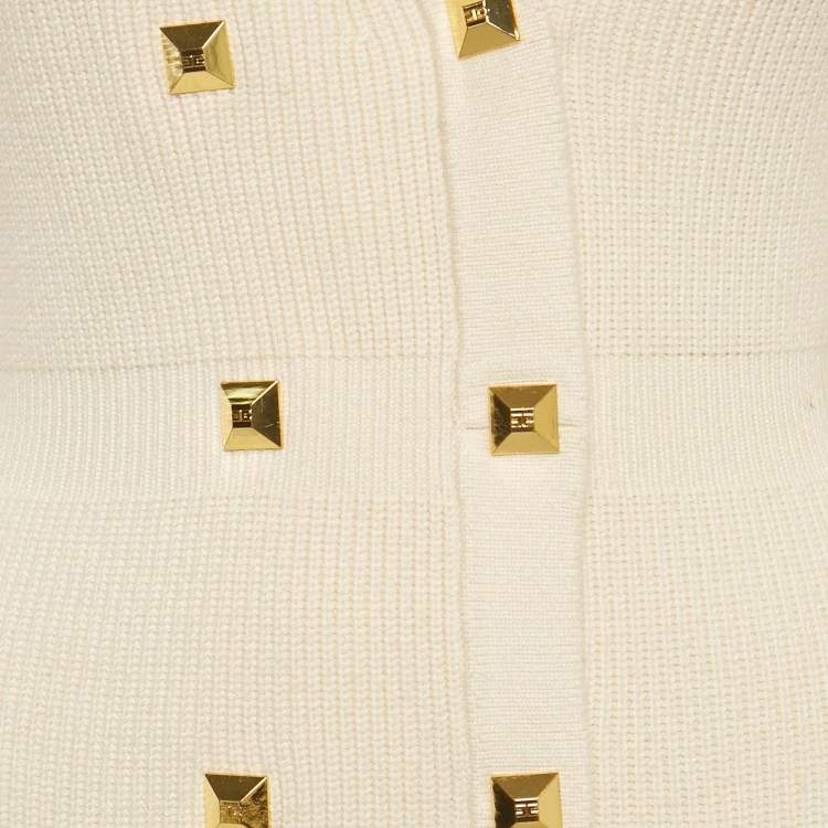 Pre Owned Elisabetta Franchi Cream Rib Knit Double Breasted Mini Dress S