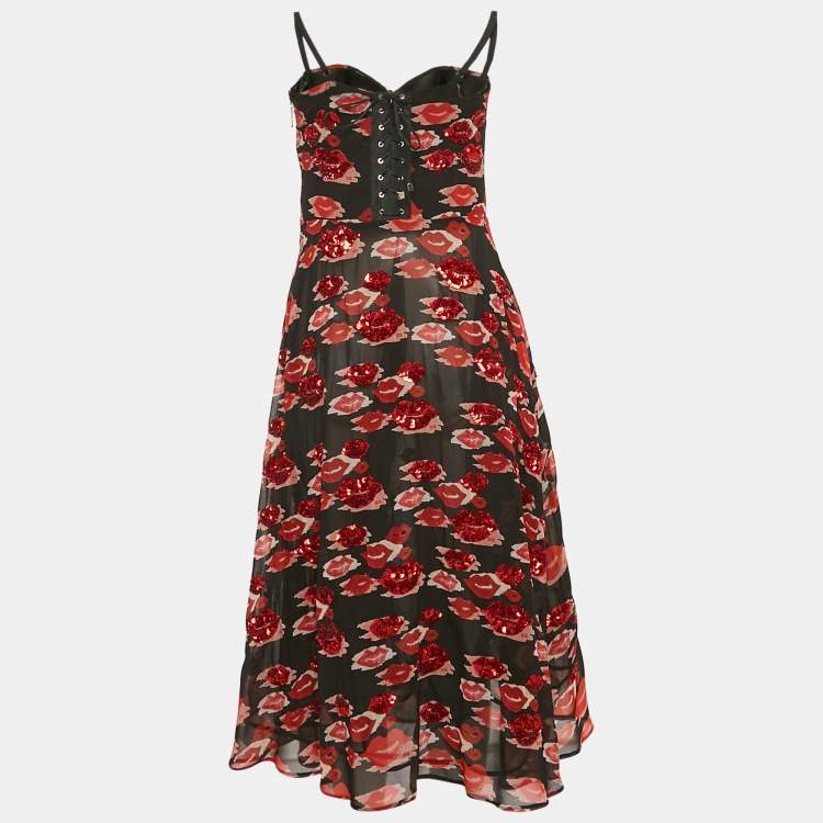 Pre Owned Elisabetta Franchi Black Lips Print and Sequin Chiffon Midi Dress M